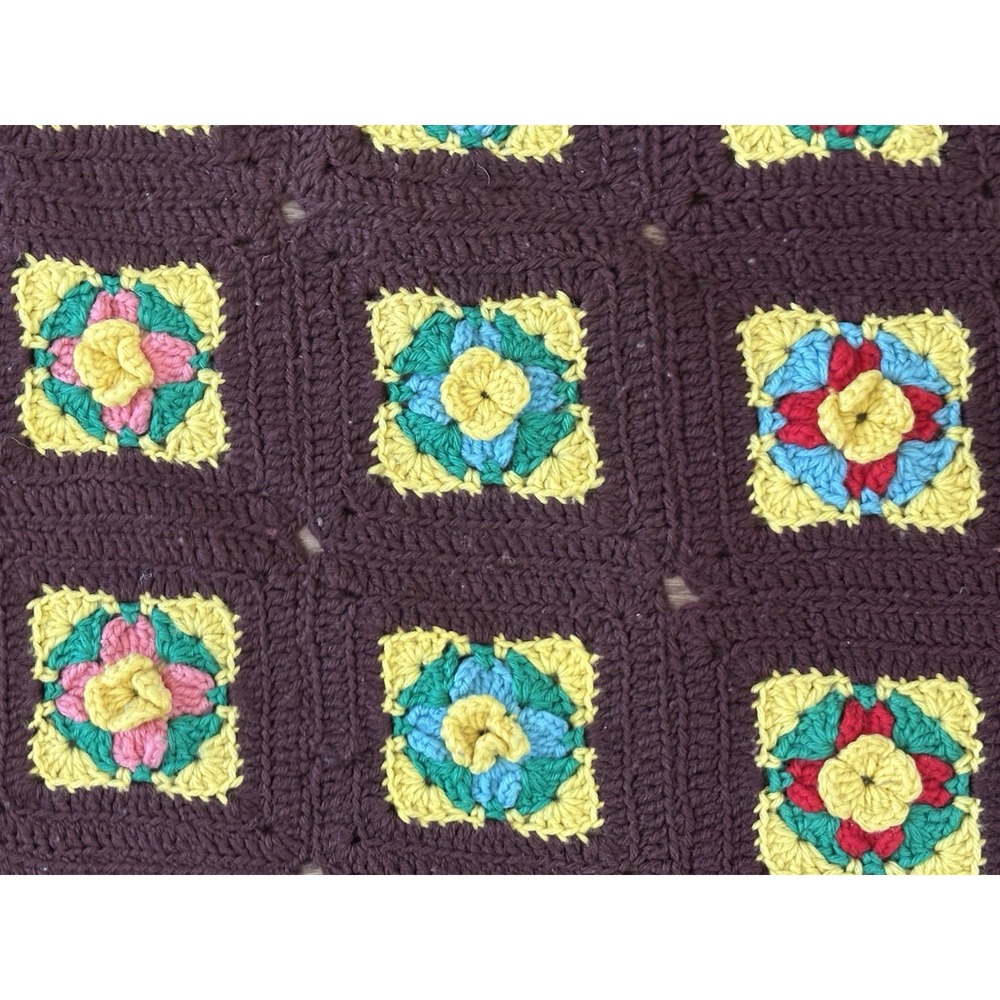Vtg Floral 3D Rose Spring Crochet Afghan Granny Square Blanket Throw Brown 56x82